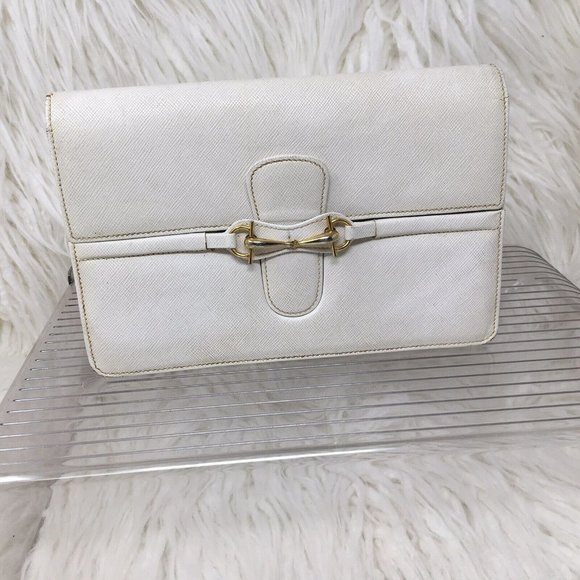 GUCCI Clutch Handbag Ivory Gold Horse bit  8”x5.5”x2.5” Distressed READ Vintage - Picture 1 of 16